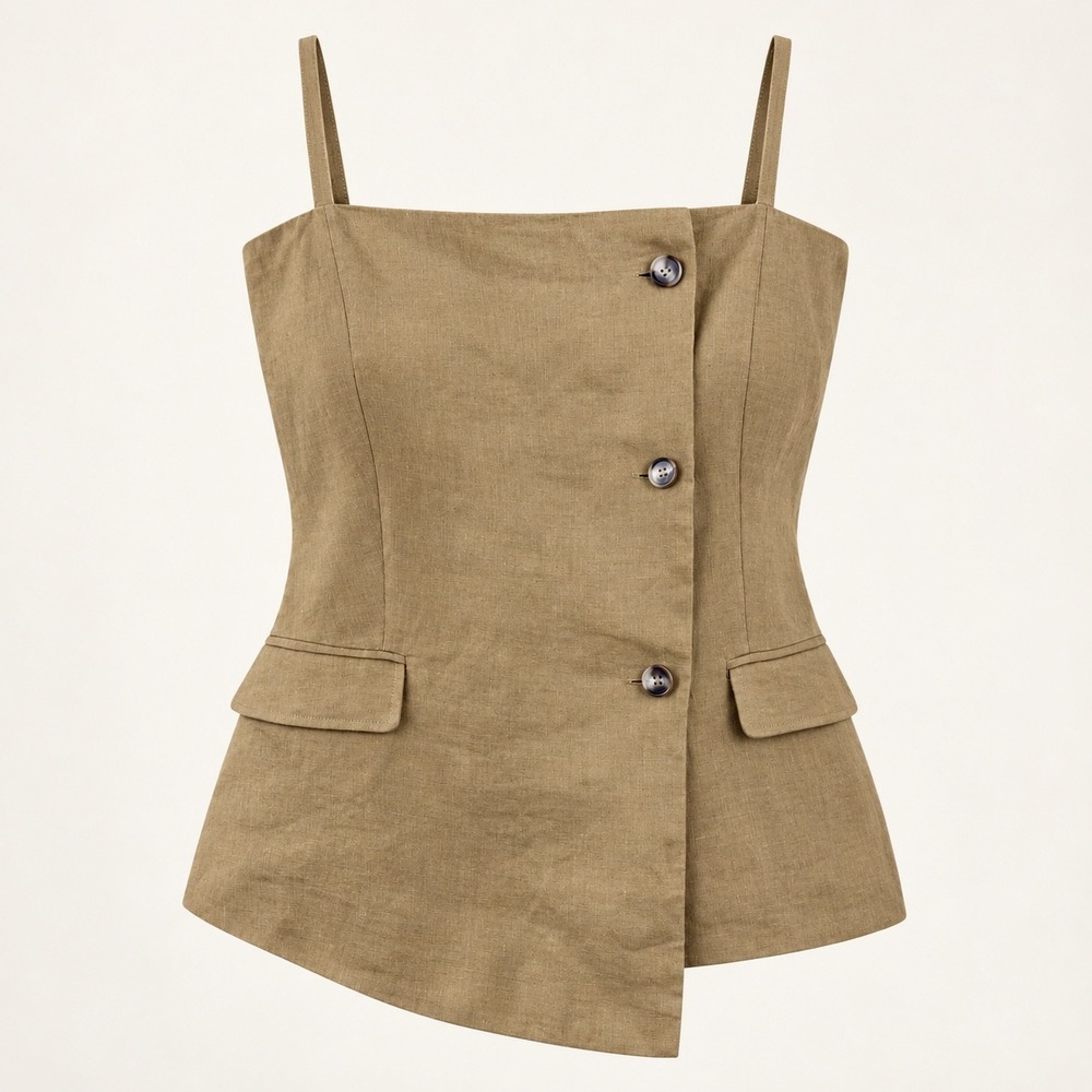 Country Road Linen Camisole Top Women 12 Tan Asymmetric Hem Minimalist Button Up